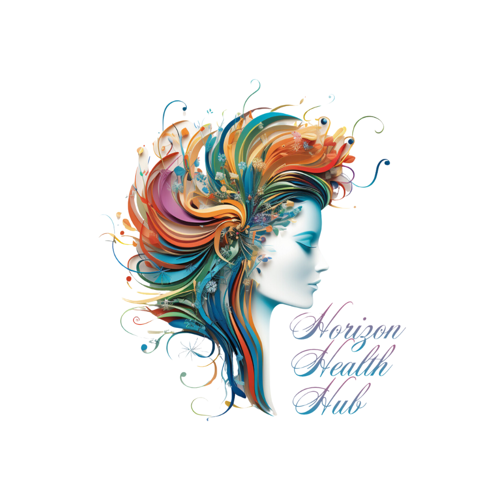 A colorful and artistic logo for Horizon Health Hub featuring a stylized female profile with flowing, multicolored hair resembling vibrant waves and floral elements. The intricate design symbolizes creativity, vitality, and wellness, with the text ‘Horizon Health Hub’ written in elegant, gradient script below.